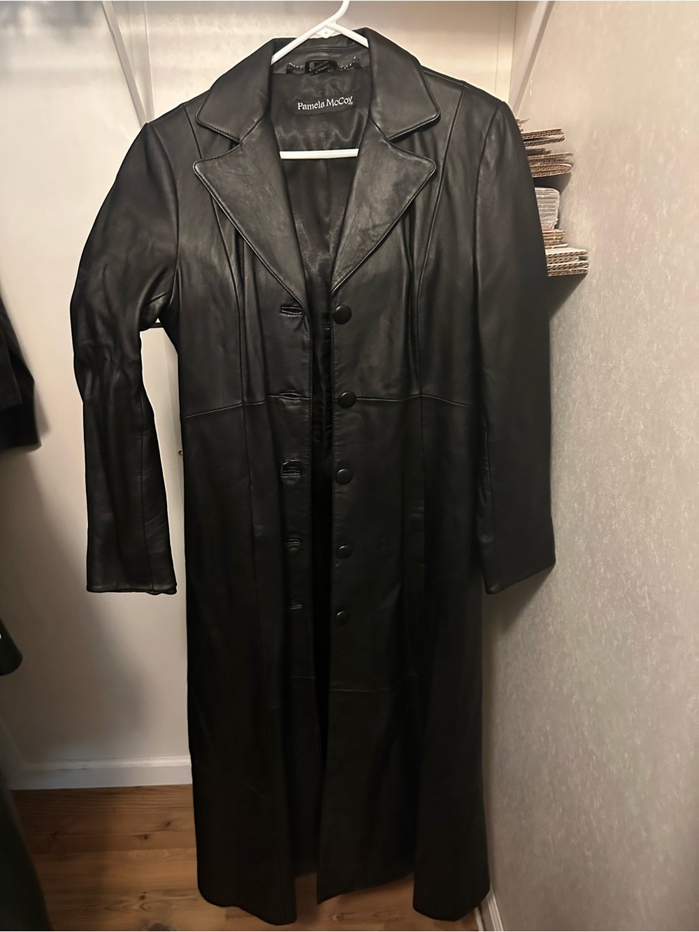 Pamela McCoy Long Black Leather Trench Coat